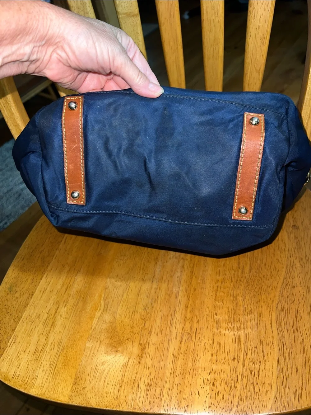 Dooney & Bourke Navy Nylon Messenger Bag with Brown Leather Trim and Red Accents